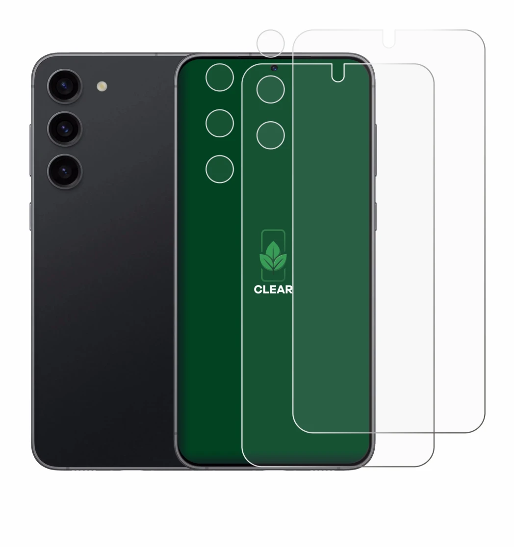 Immagine del dispositivo Samsung Galaxy S23 (Fronte+Fotocamera) con un'ampia varietà di protezioni per lo schermo.