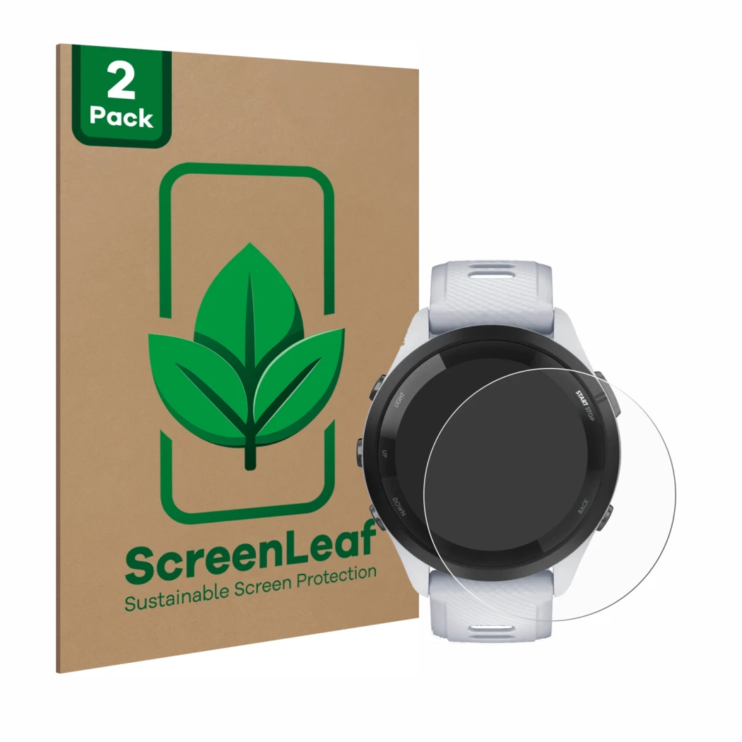 Parte frontale di una confezione del prodotto con il logo del marchio ScreenLeaf. Accanto è raffigurato il dispositivo Garmin 