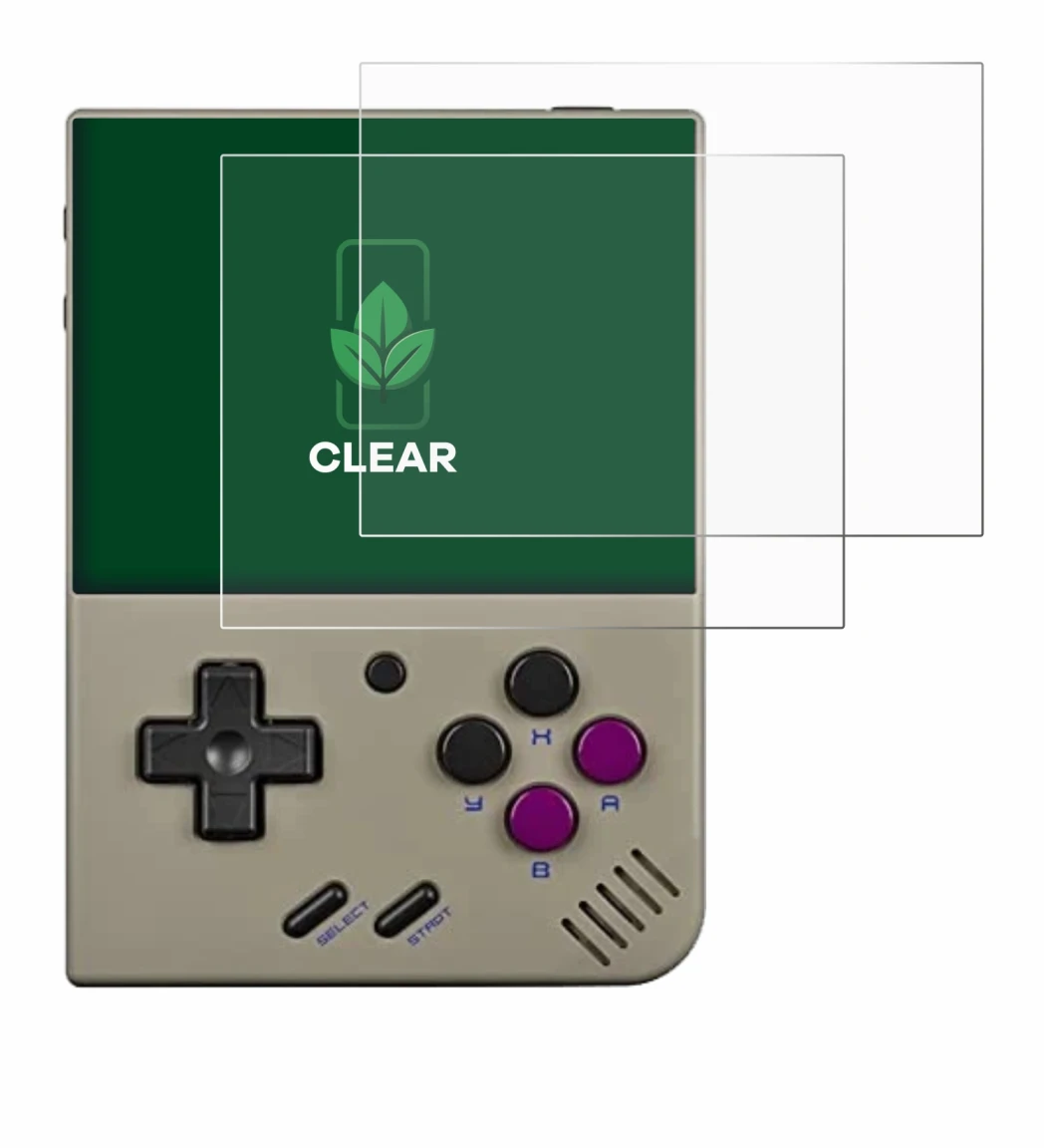 Immagine del dispositivo Miyoo Mini Plus con un'ampia varietà di protezioni per lo schermo.