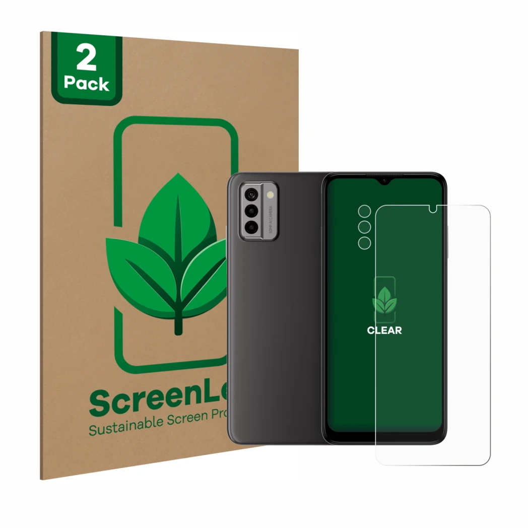 Parte frontale di una confezione del prodotto con il logo del marchio ScreenLeaf. Accanto è raffigurato il dispositivo Nokia G