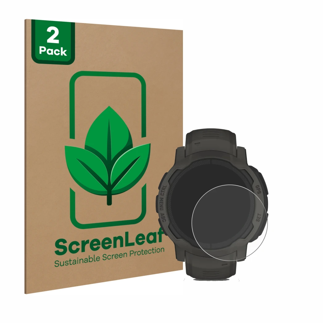 Parte frontale di una confezione del prodotto con il logo del marchio ScreenLeaf. Accanto è raffigurato il dispositivo Garmin 
