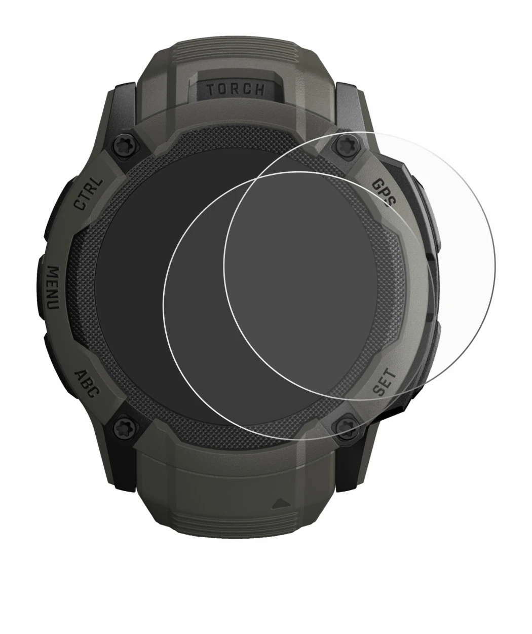 Immagine del dispositivo Garmin Instinct 2X Solar con un'ampia varietà di protezioni per lo schermo.