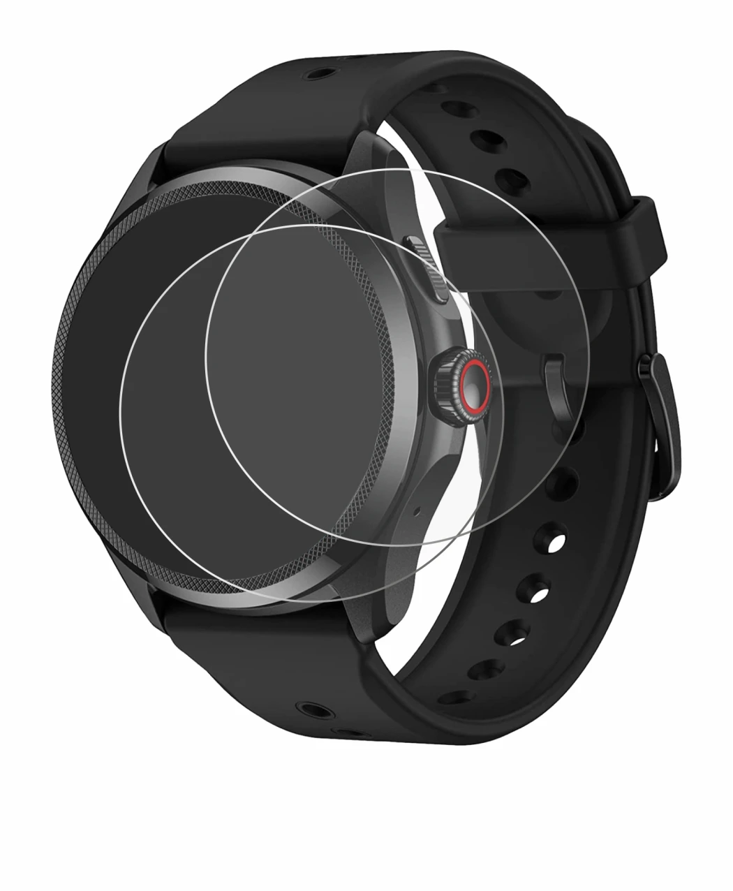 Immagine del dispositivo Mobvoi TicWatch Pro 5 con un'ampia varietà di protezioni per lo schermo.