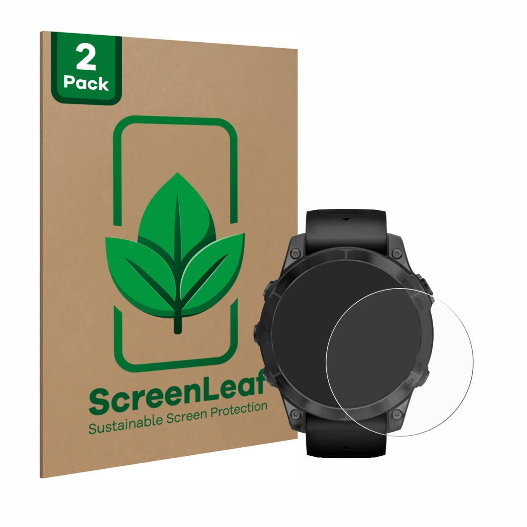 Parte frontale di una confezione del prodotto con il logo del marchio ScreenLeaf. Accanto è raffigurato il dispositivo Garmin 