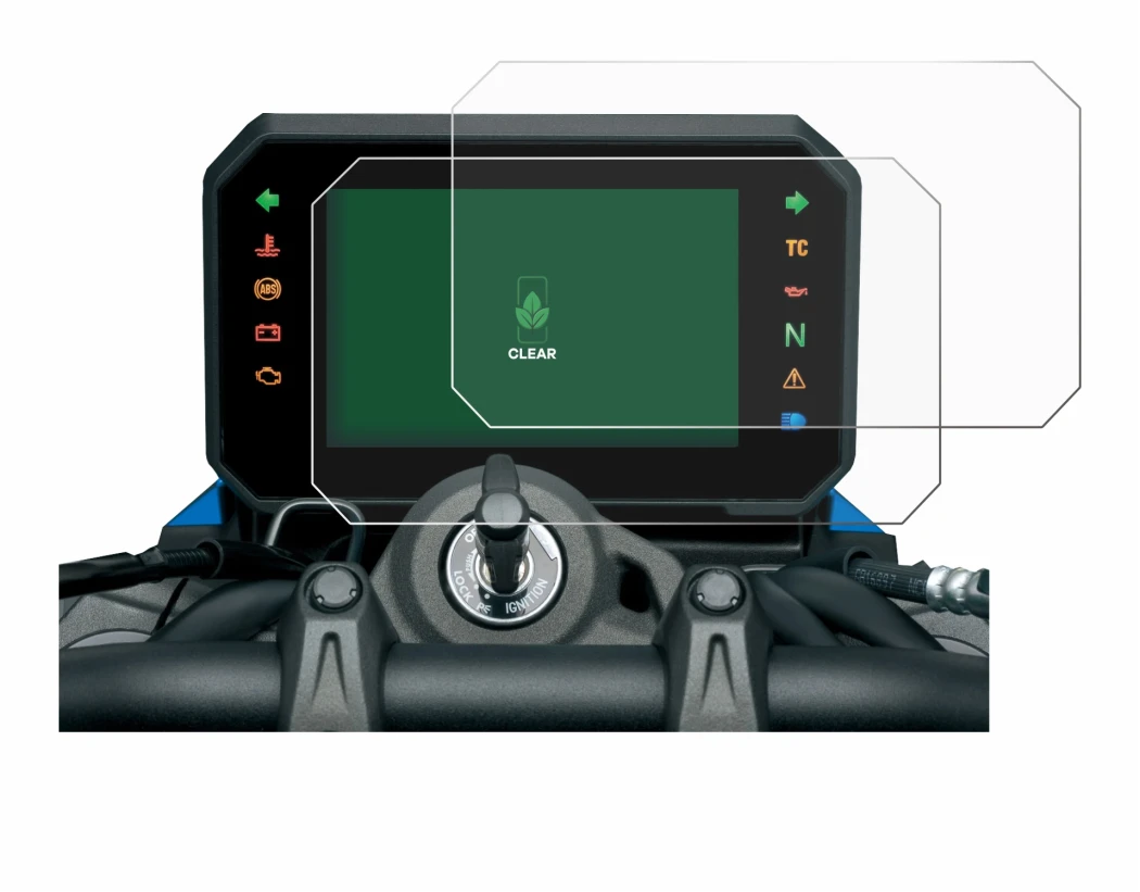 Immagine del dispositivo Suzuki V-Strom 1050DE 2023 con un'ampia varietà di protezioni per lo schermo.