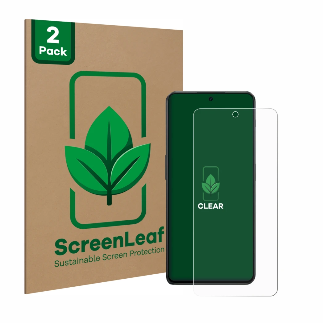 Parte frontale di una confezione del prodotto con il logo del marchio ScreenLeaf. Accanto è raffigurato il dispositivo OnePlus