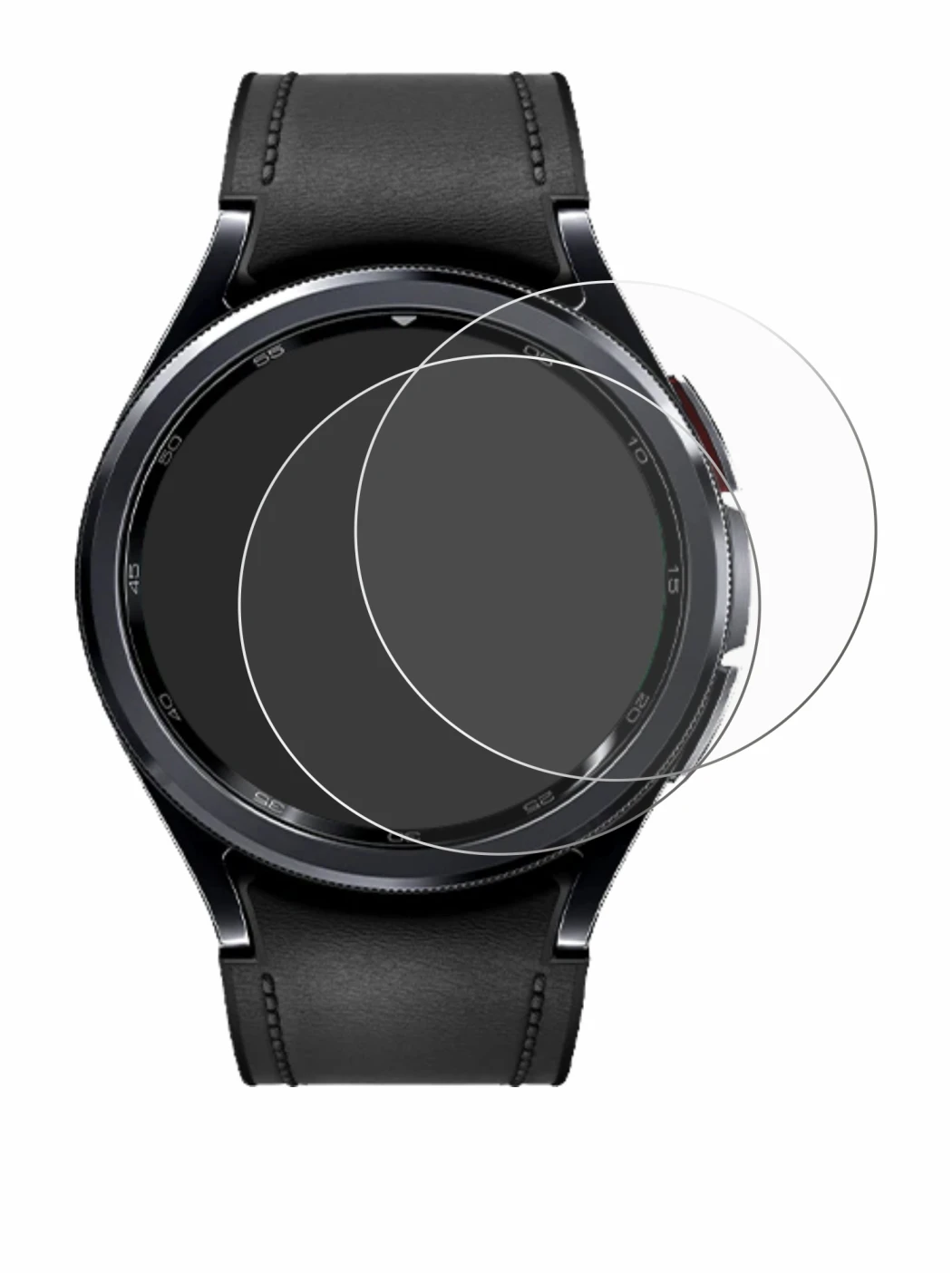 Immagine del dispositivo Samsung Galaxy Watch 6 Classic (43 mm) con un'ampia varietà di protezioni per lo schermo.