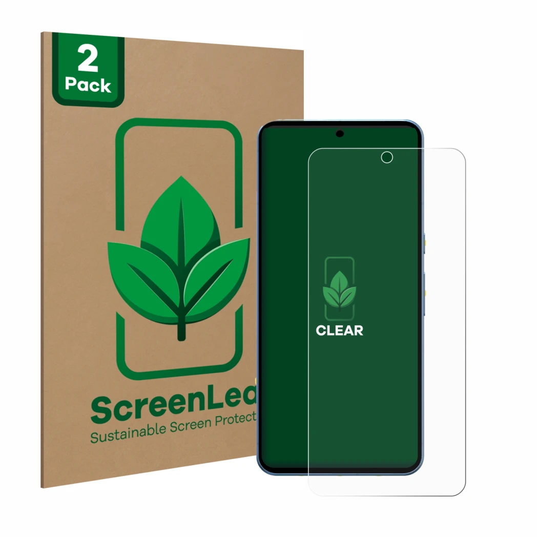 Parte frontale di una confezione del prodotto con il logo del marchio ScreenLeaf. Accanto è raffigurato il dispositivo Google 