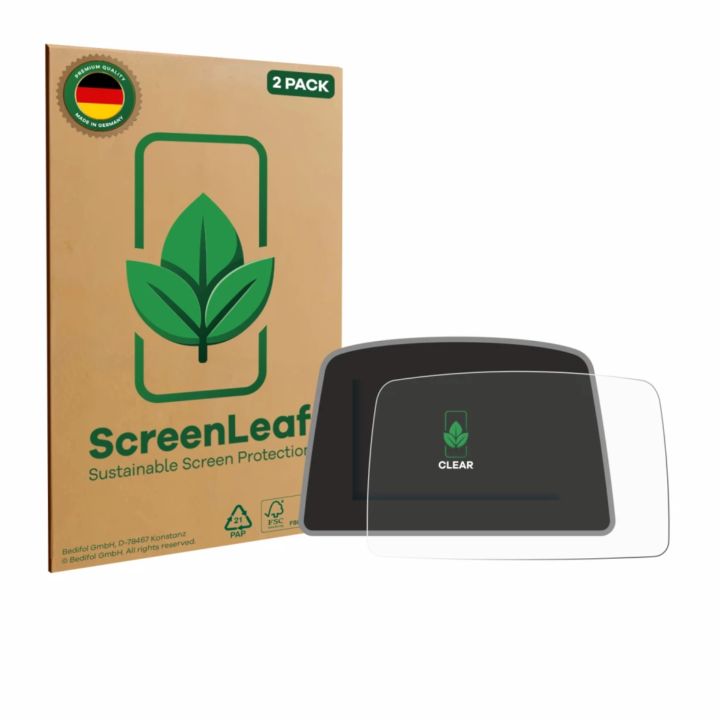 Parte frontale di una confezione del prodotto con il logo del marchio ScreenLeaf. Accanto è raffigurato il dispositivo PowaKad