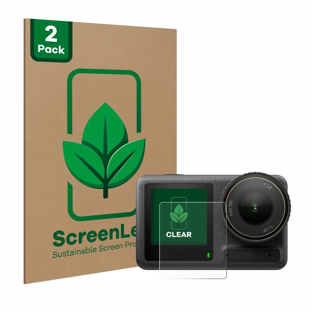 Parte frontale di una confezione del prodotto con il logo del marchio ScreenLeaf. Accanto è raffigurato il dispositivo DJI Osm