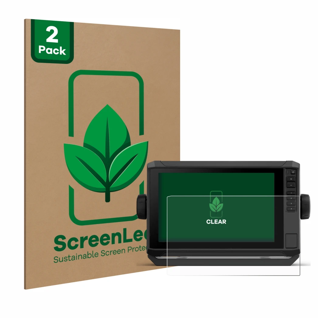 Parte frontale di una confezione del prodotto con il logo del marchio ScreenLeaf. Accanto è raffigurato il dispositivo Garmin 