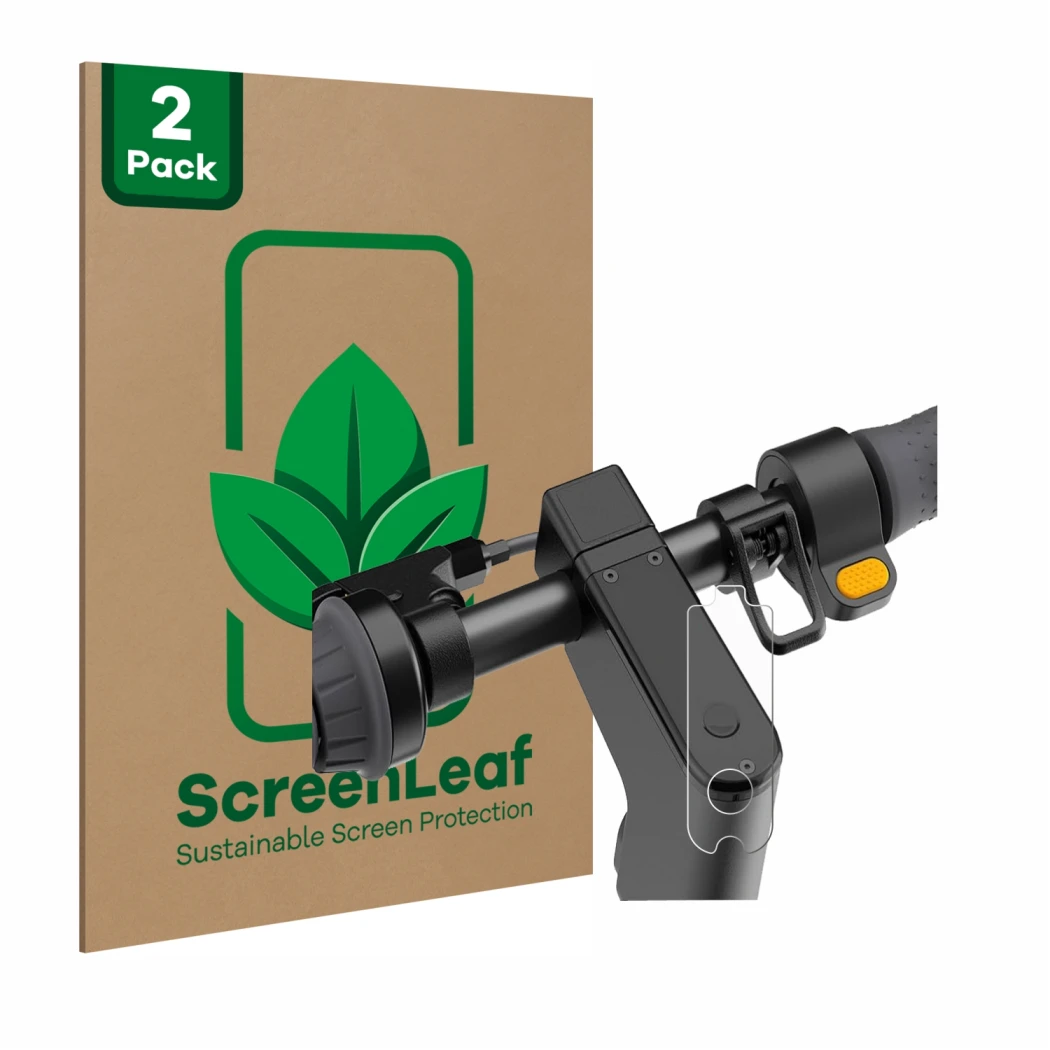 Parte frontale di una confezione del prodotto con il logo del marchio ScreenLeaf. Accanto è raffigurato il dispositivo Segway 