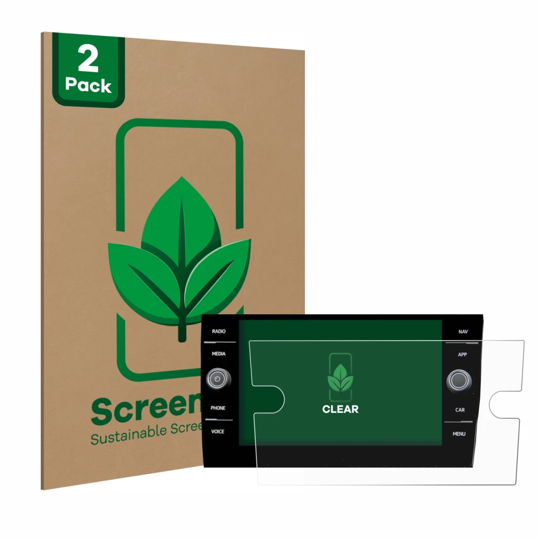 Parte frontale di una confezione del prodotto con il logo del marchio ScreenLeaf. Accanto è raffigurato il dispositivo Volkswa