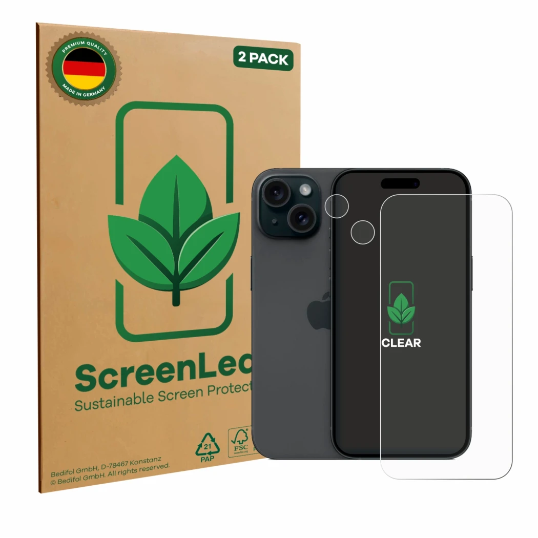 Parte frontale di una confezione del prodotto con il logo del marchio ScreenLeaf. Accanto è raffigurato il dispositivo Apple i