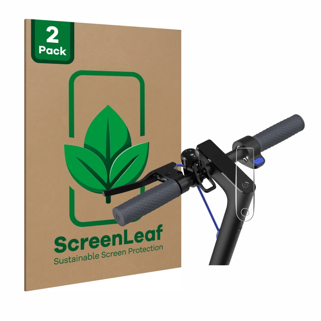 Parte frontale di una confezione del prodotto con il logo del marchio ScreenLeaf. Accanto è raffigurato il dispositivo Xiaomi 