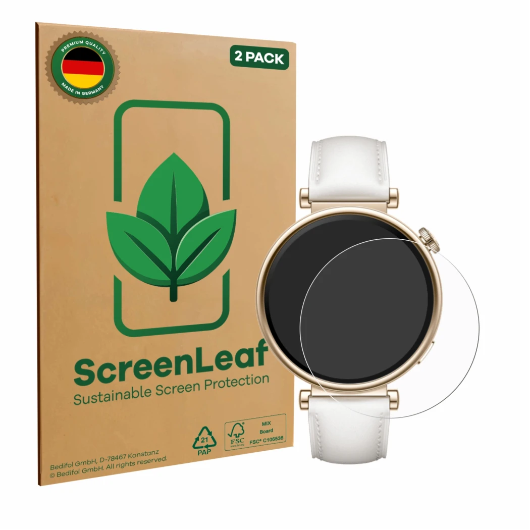 Parte frontale di una confezione del prodotto con il logo del marchio ScreenLeaf. Accanto è raffigurato il dispositivo Huawei 
