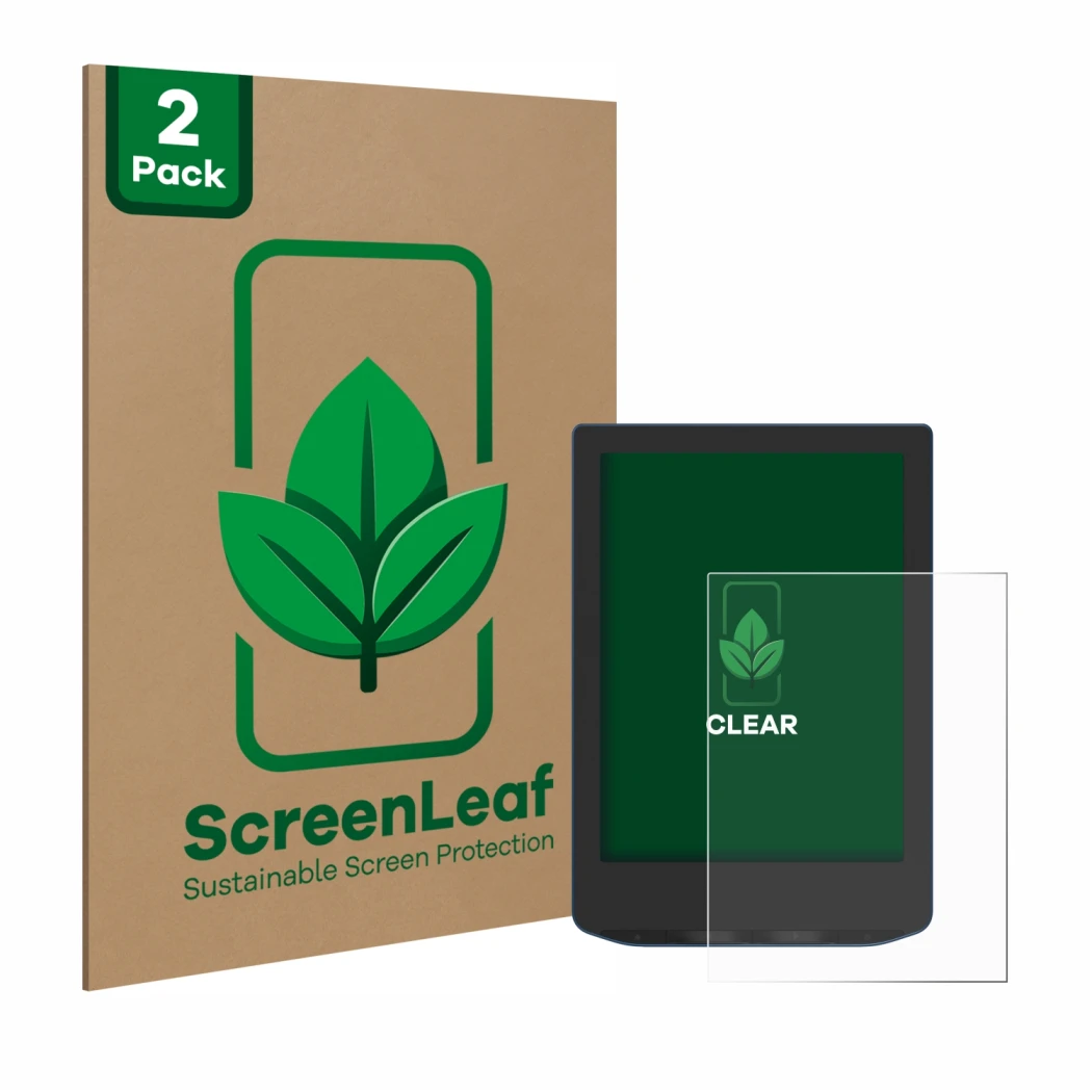 Parte frontale di una confezione del prodotto con il logo del marchio ScreenLeaf. Accanto è raffigurato il dispositivo PocketB