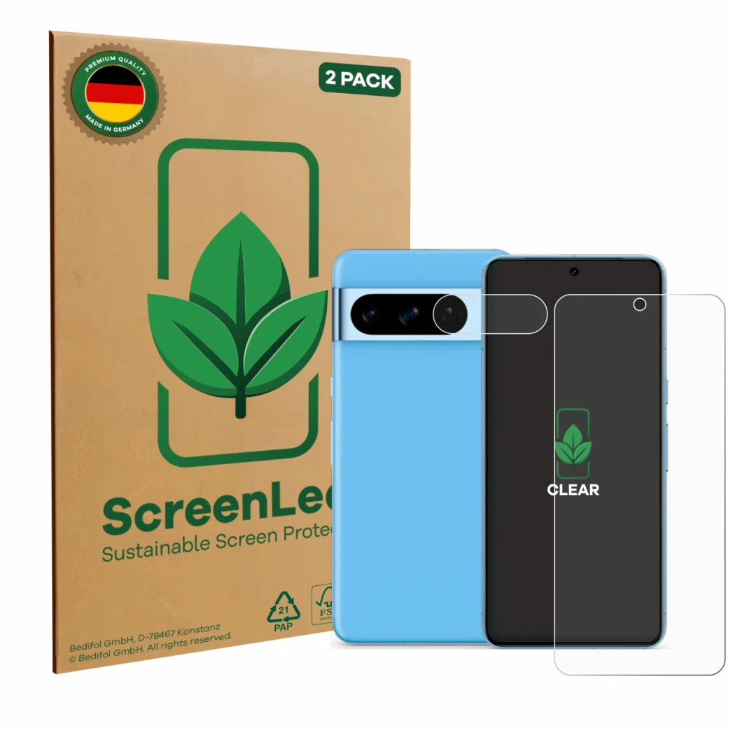 Parte frontale di una confezione del prodotto con il logo del marchio ScreenLeaf. Accanto è raffigurato il dispositivo Google 