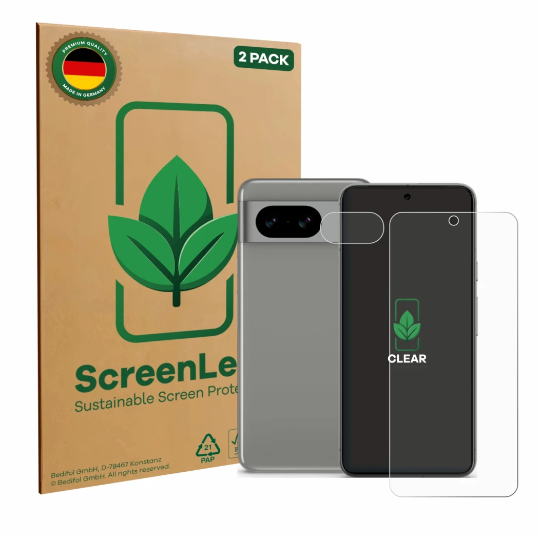 Parte frontale di una confezione del prodotto con il logo del marchio ScreenLeaf. Accanto è raffigurato il dispositivo Google 