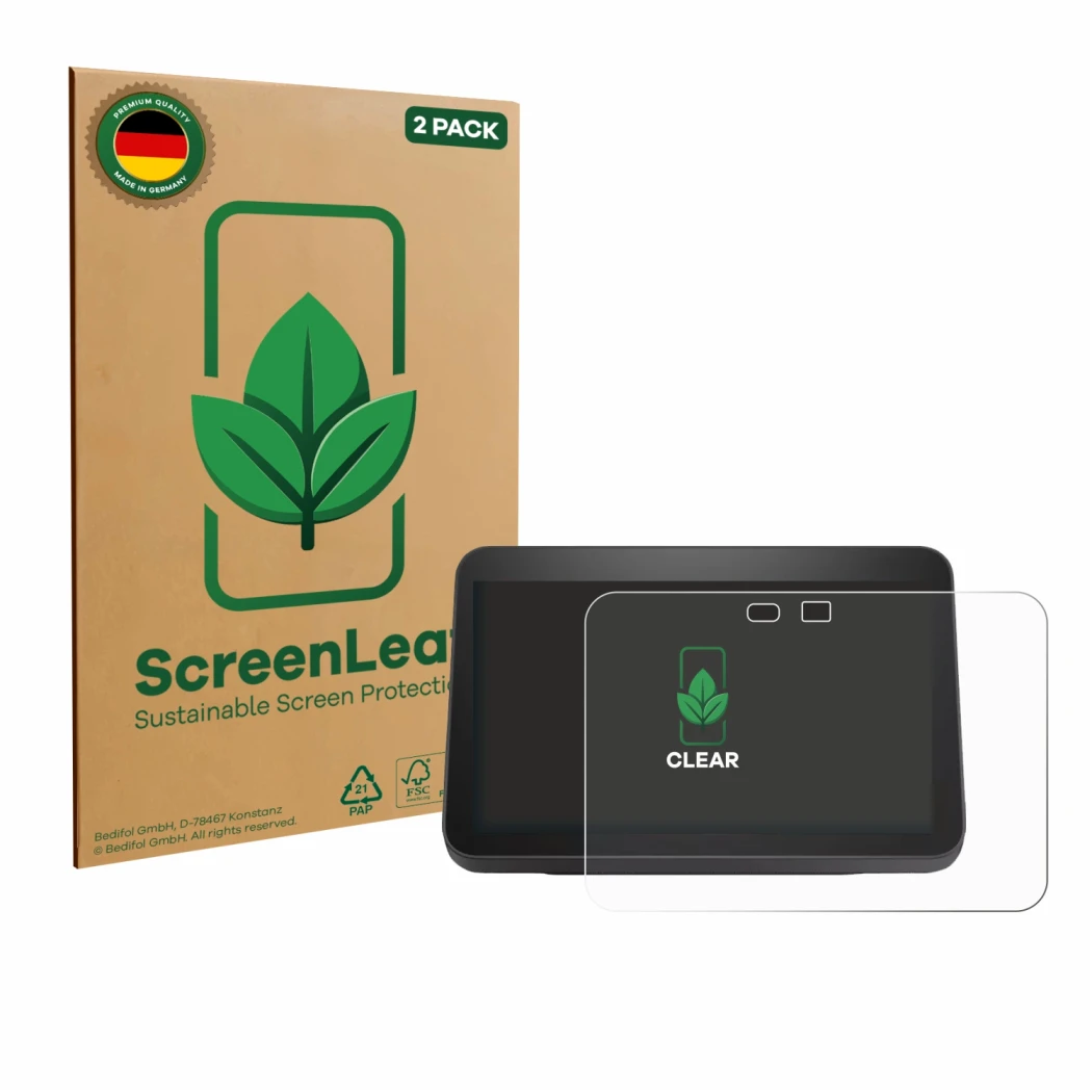Parte frontale di una confezione del prodotto con il logo del marchio ScreenLeaf. Accanto è raffigurato il dispositivo Amazon 