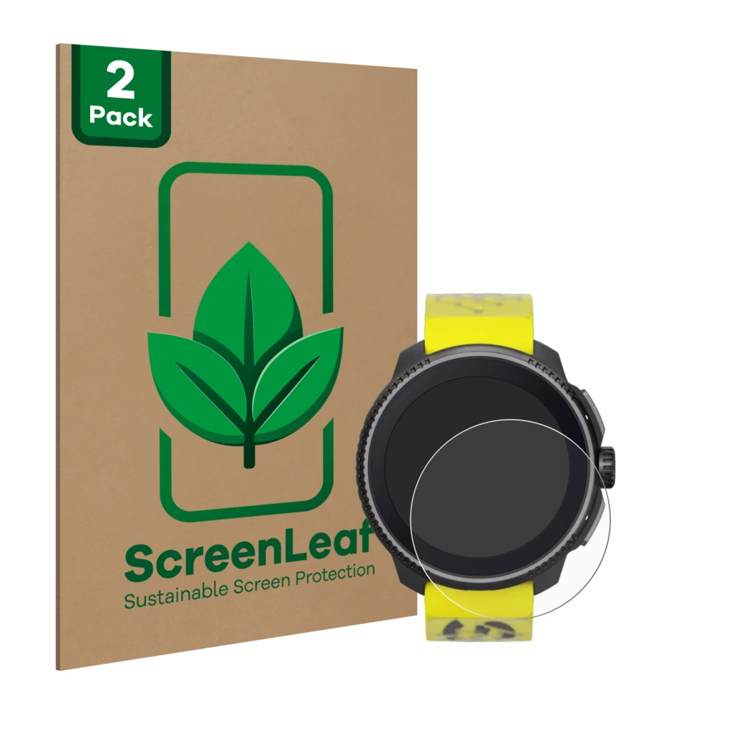 Parte frontale di una confezione del prodotto con il logo del marchio ScreenLeaf. Accanto è raffigurato il dispositivo Suunto 
