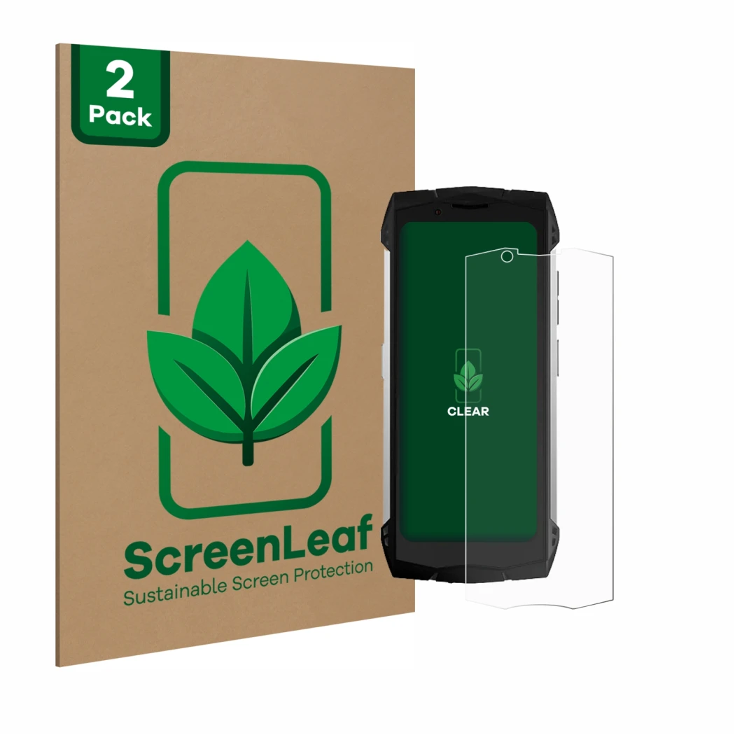 Parte frontale di una confezione del prodotto con il logo del marchio ScreenLeaf. Accanto è raffigurato il dispositivo Doogee 