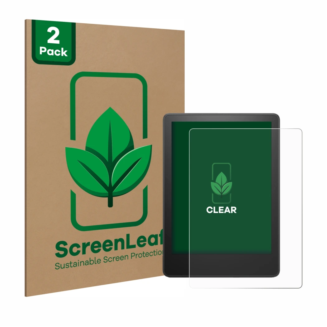 Parte frontale di una confezione del prodotto con il logo del marchio ScreenLeaf. Accanto è raffigurato il dispositivo Amazon 