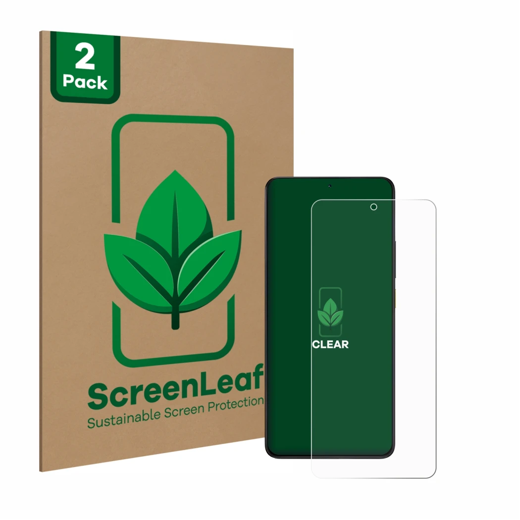 Parte frontale di una confezione del prodotto con il logo del marchio ScreenLeaf. Accanto è raffigurato il dispositivo Xiaomi 