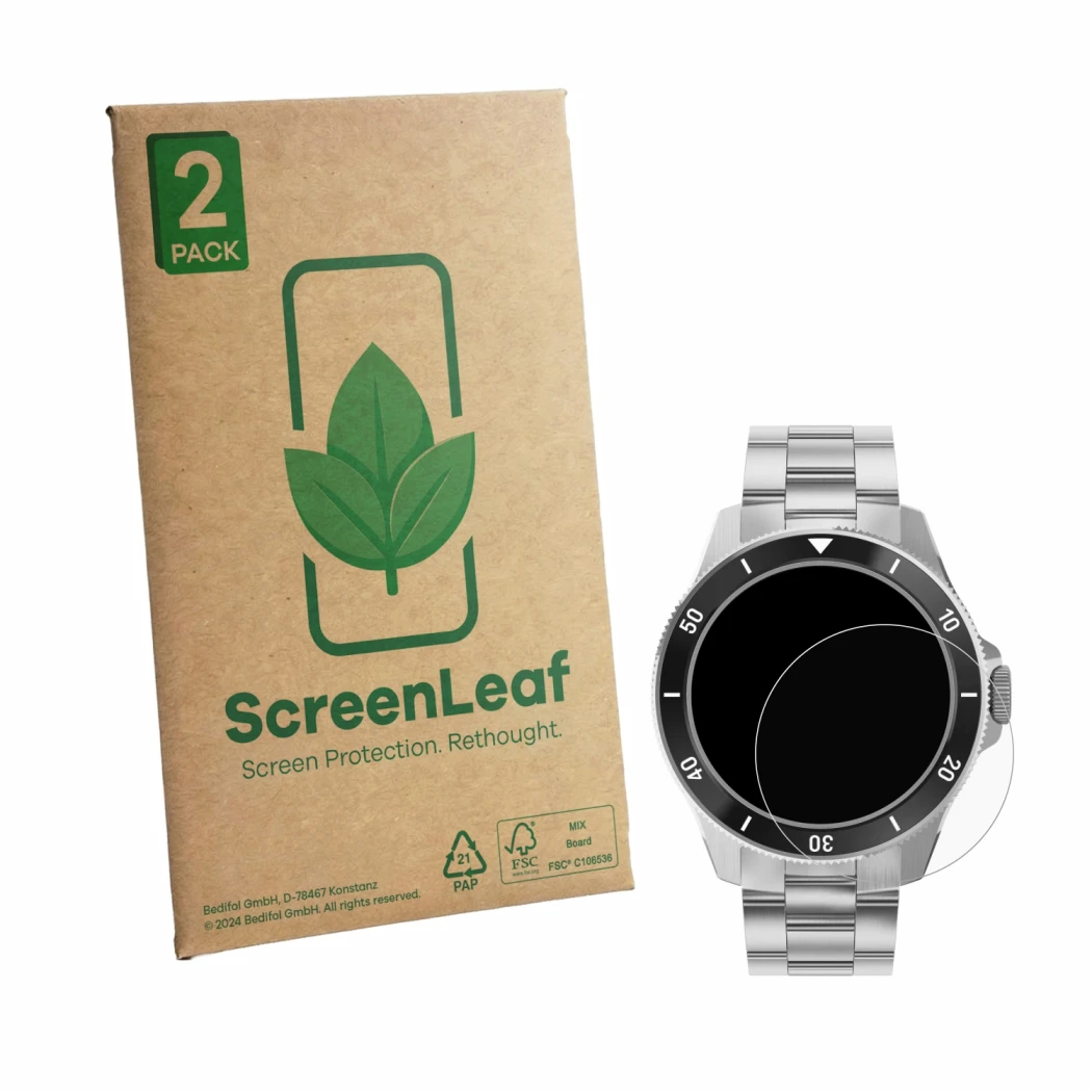 Parte frontale di una confezione del prodotto con il logo del marchio ScreenLeaf. Accanto è raffigurato il dispositivo Withing