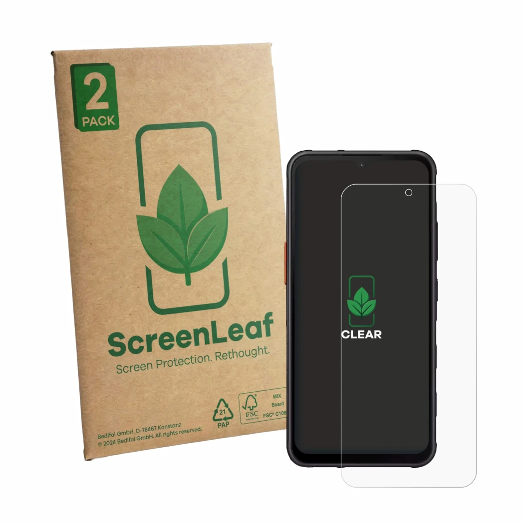 Parte frontale di una confezione del prodotto con il logo del marchio ScreenLeaf. Accanto è raffigurato il dispositivo Samsung