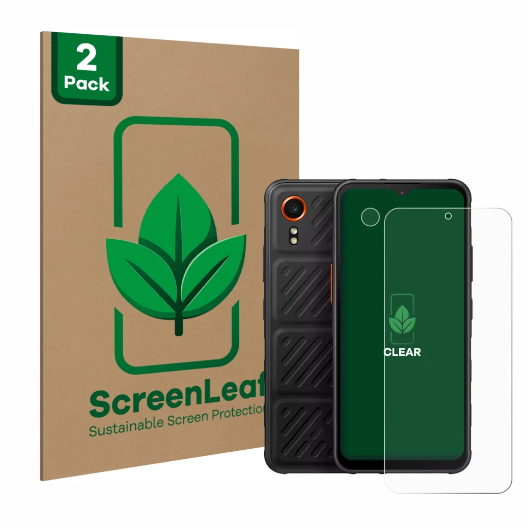 Parte frontale di una confezione del prodotto con il logo del marchio ScreenLeaf. Accanto è raffigurato il dispositivo Samsung