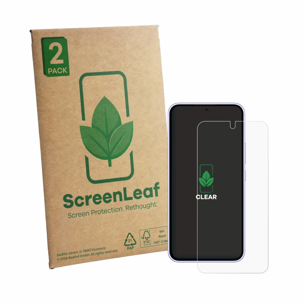 Parte frontale di una confezione del prodotto con il logo del marchio ScreenLeaf. Accanto è raffigurato il dispositivo Samsung