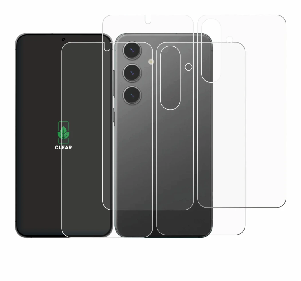 Immagine del dispositivo Samsung Galaxy S24 (Fronte+Retro) con un'ampia varietà di protezioni per lo schermo.
