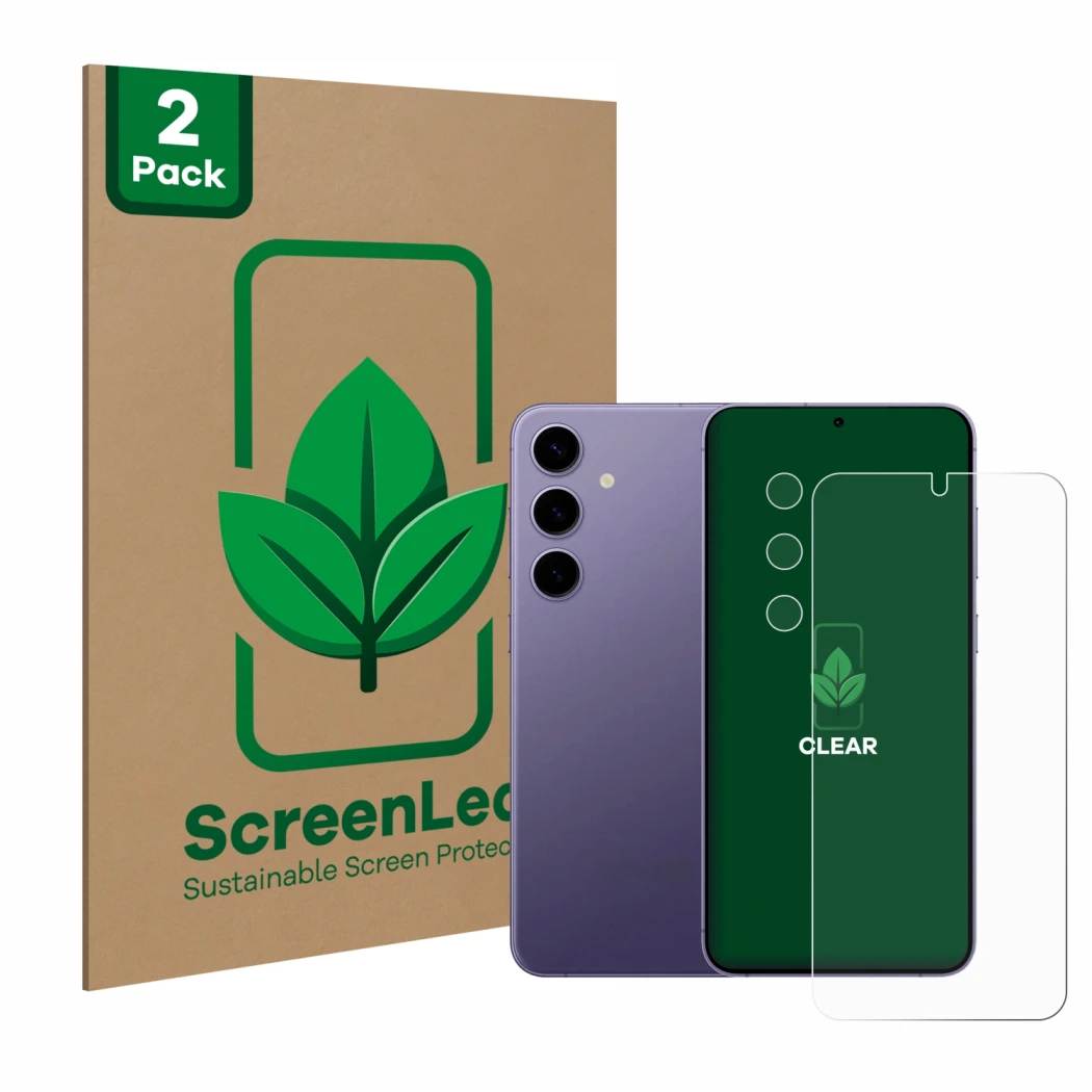 Parte frontale di una confezione del prodotto con il logo del marchio ScreenLeaf. Accanto è raffigurato il dispositivo Samsung