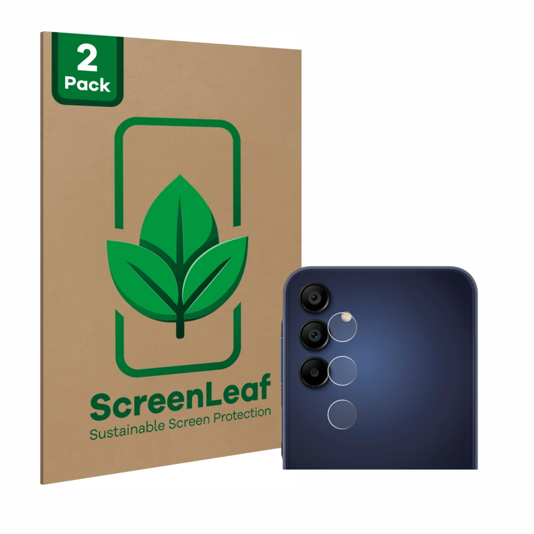 Parte frontale di una confezione del prodotto con il logo del marchio ScreenLeaf. Accanto è raffigurato il dispositivo Samsung
