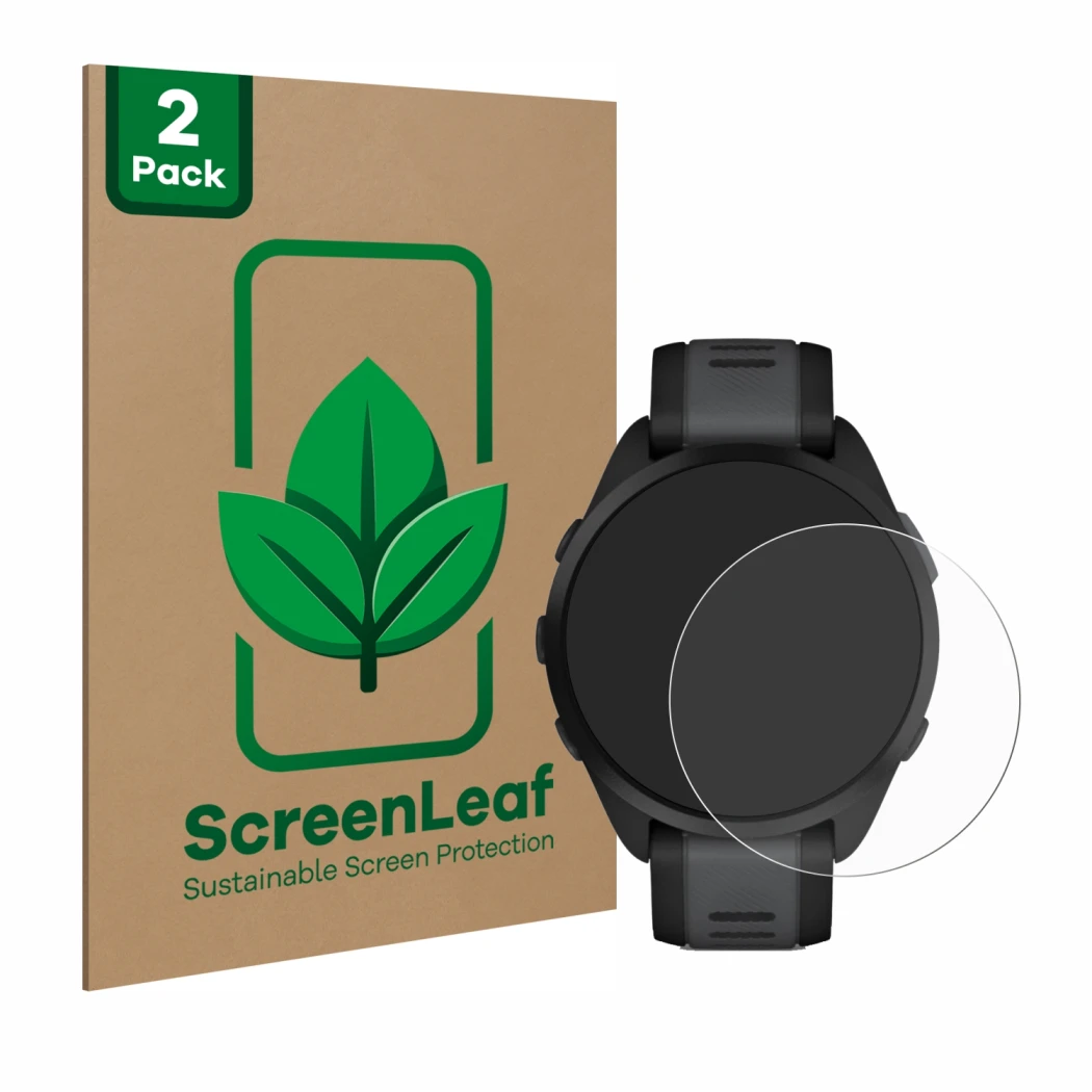 Parte frontale di una confezione del prodotto con il logo del marchio ScreenLeaf. Accanto è raffigurato il dispositivo Garmin 