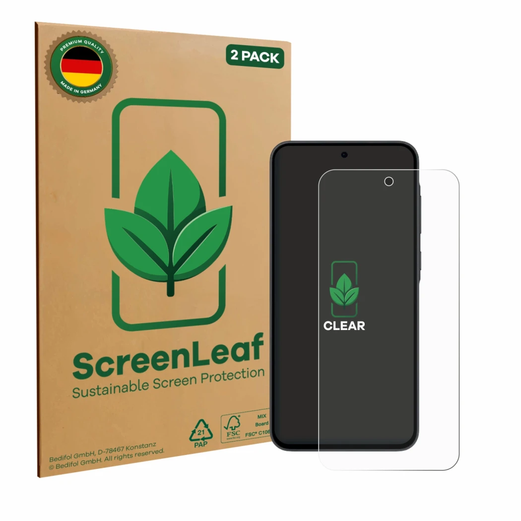 Parte frontale di una confezione del prodotto con il logo del marchio ScreenLeaf. Accanto è raffigurato il dispositivo Samsung
