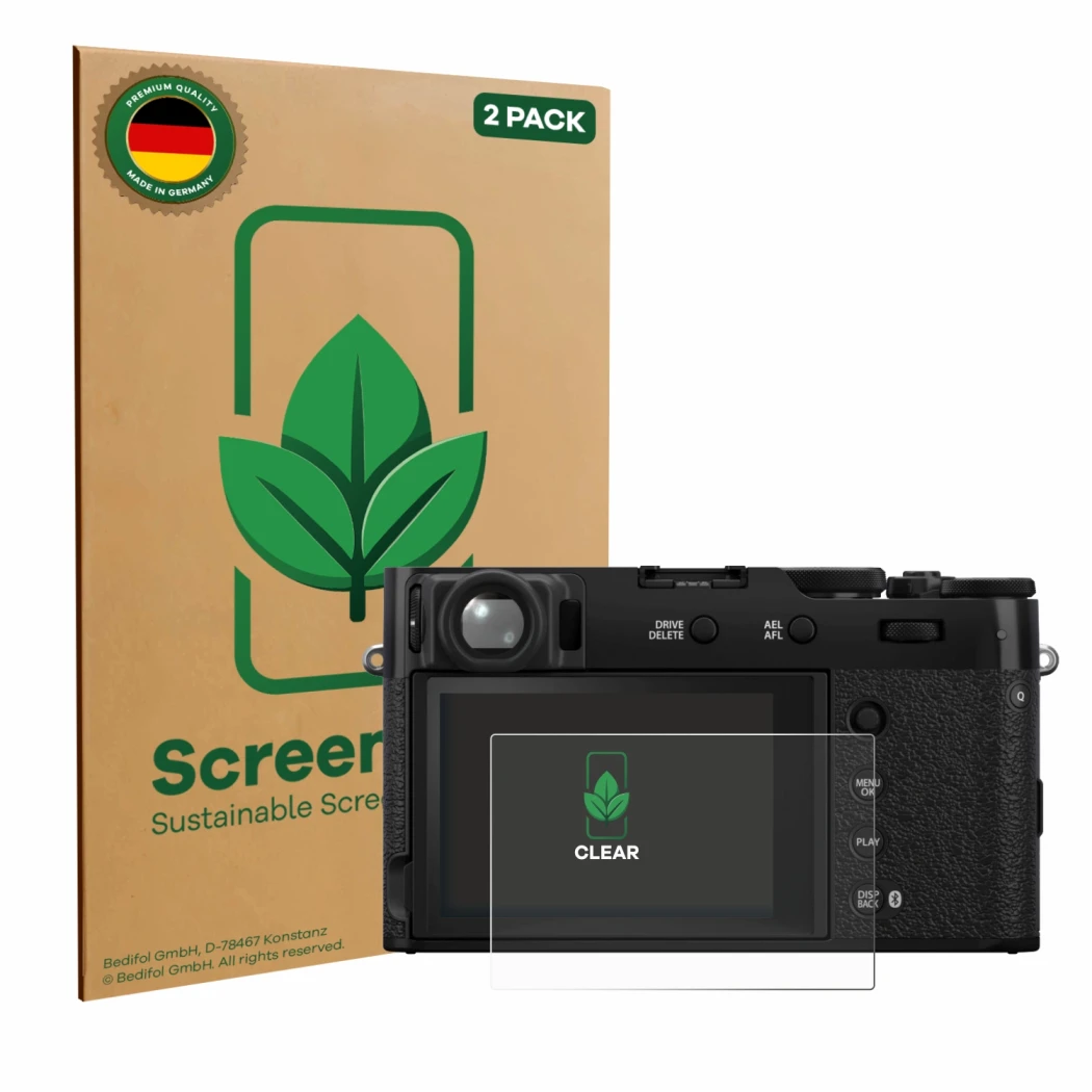 Parte frontale di una confezione del prodotto con il logo del marchio ScreenLeaf. Accanto è raffigurato il dispositivo Fujifil