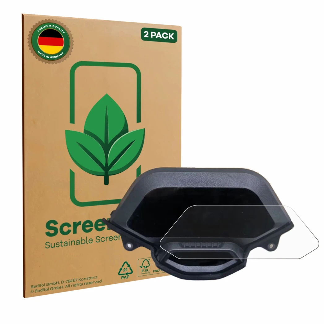 Parte frontale di una confezione del prodotto con il logo del marchio ScreenLeaf. Accanto è raffigurato il dispositivo Segway 