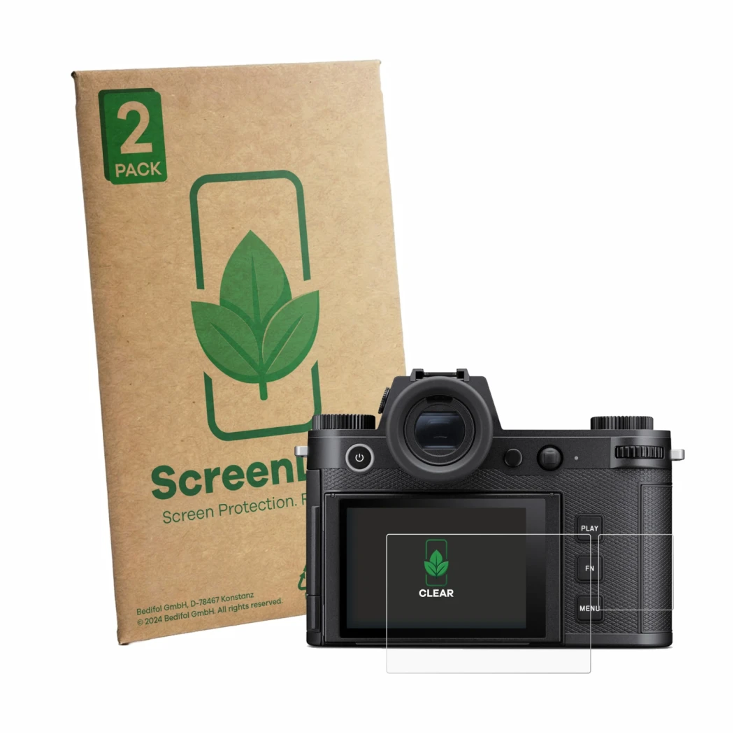 Parte frontale di una confezione del prodotto con il logo del marchio ScreenLeaf. Accanto è raffigurato il dispositivo Leica S