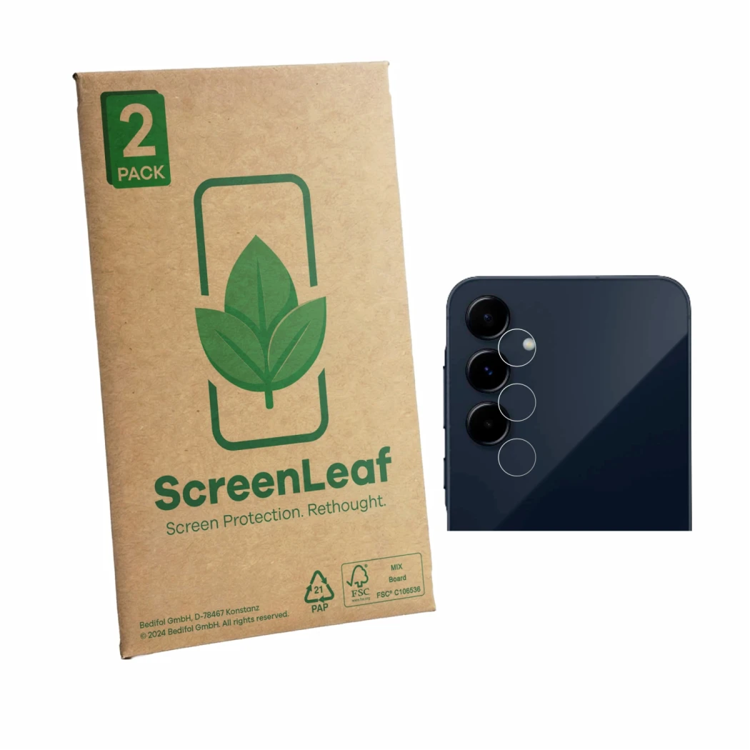 Parte frontale di una confezione del prodotto con il logo del marchio ScreenLeaf. Accanto è raffigurato il dispositivo Samsung