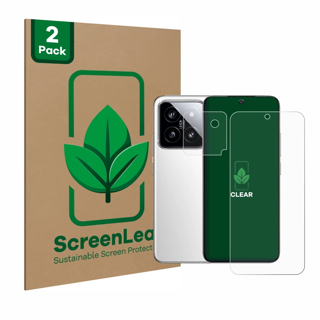 Parte frontale di una confezione del prodotto con il logo del marchio ScreenLeaf. Accanto è raffigurato il dispositivo Xiaomi 