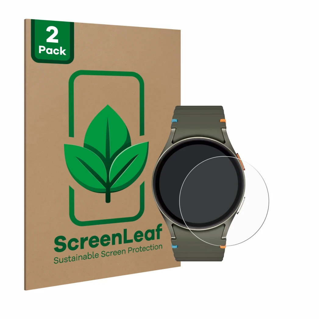 Parte frontale di una confezione del prodotto con il logo del marchio ScreenLeaf. Accanto è raffigurato il dispositivo Samsung