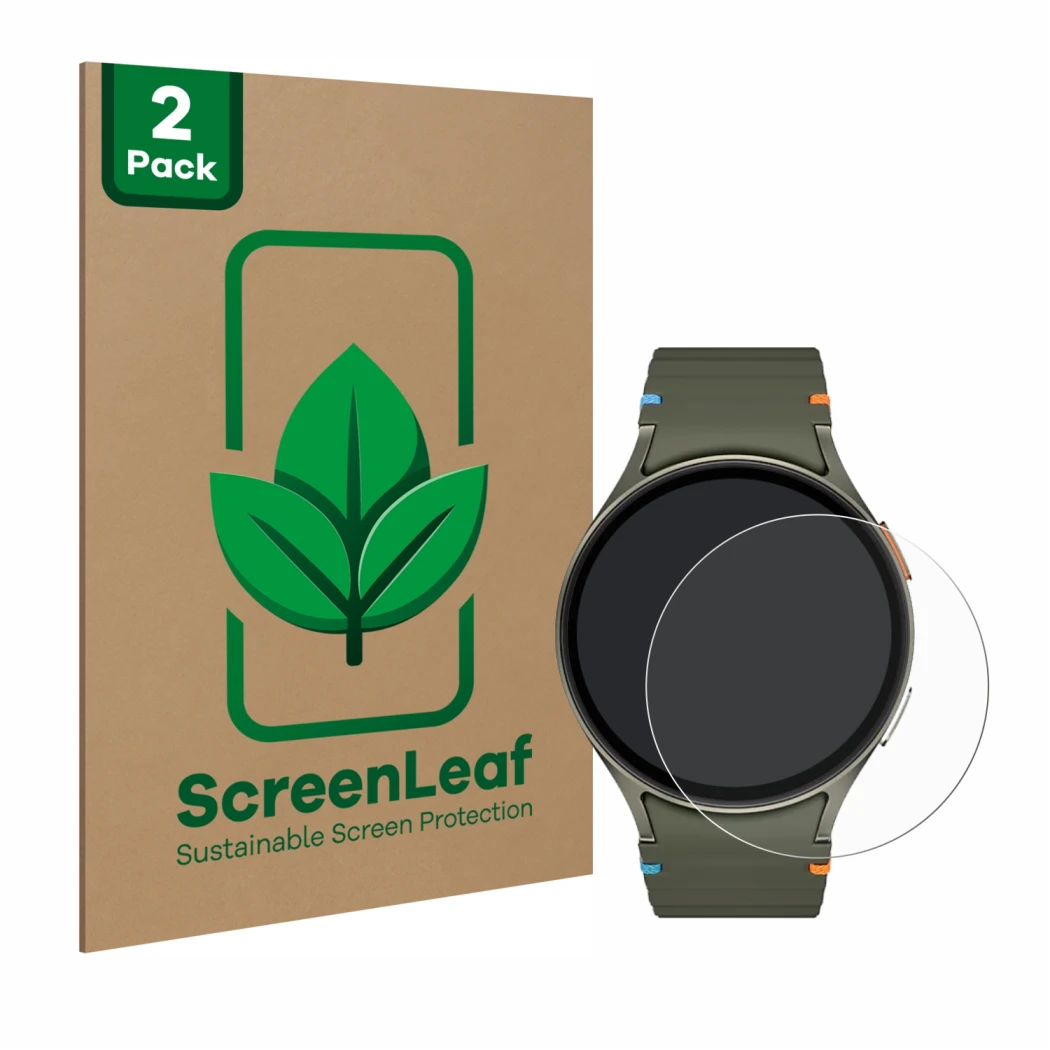 Parte frontale di una confezione del prodotto con il logo del marchio ScreenLeaf. Accanto è raffigurato il dispositivo Samsung