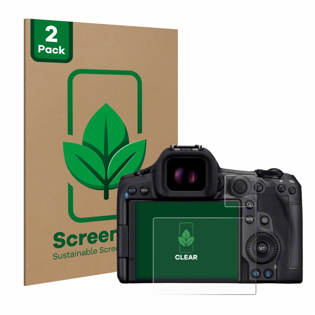Parte frontale di una confezione del prodotto con il logo del marchio ScreenLeaf. Accanto è raffigurato il dispositivo Canon E