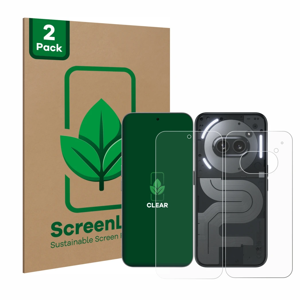 Parte frontale di una confezione del prodotto con il logo del marchio ScreenLeaf. Accanto è raffigurato il dispositivo Nothing