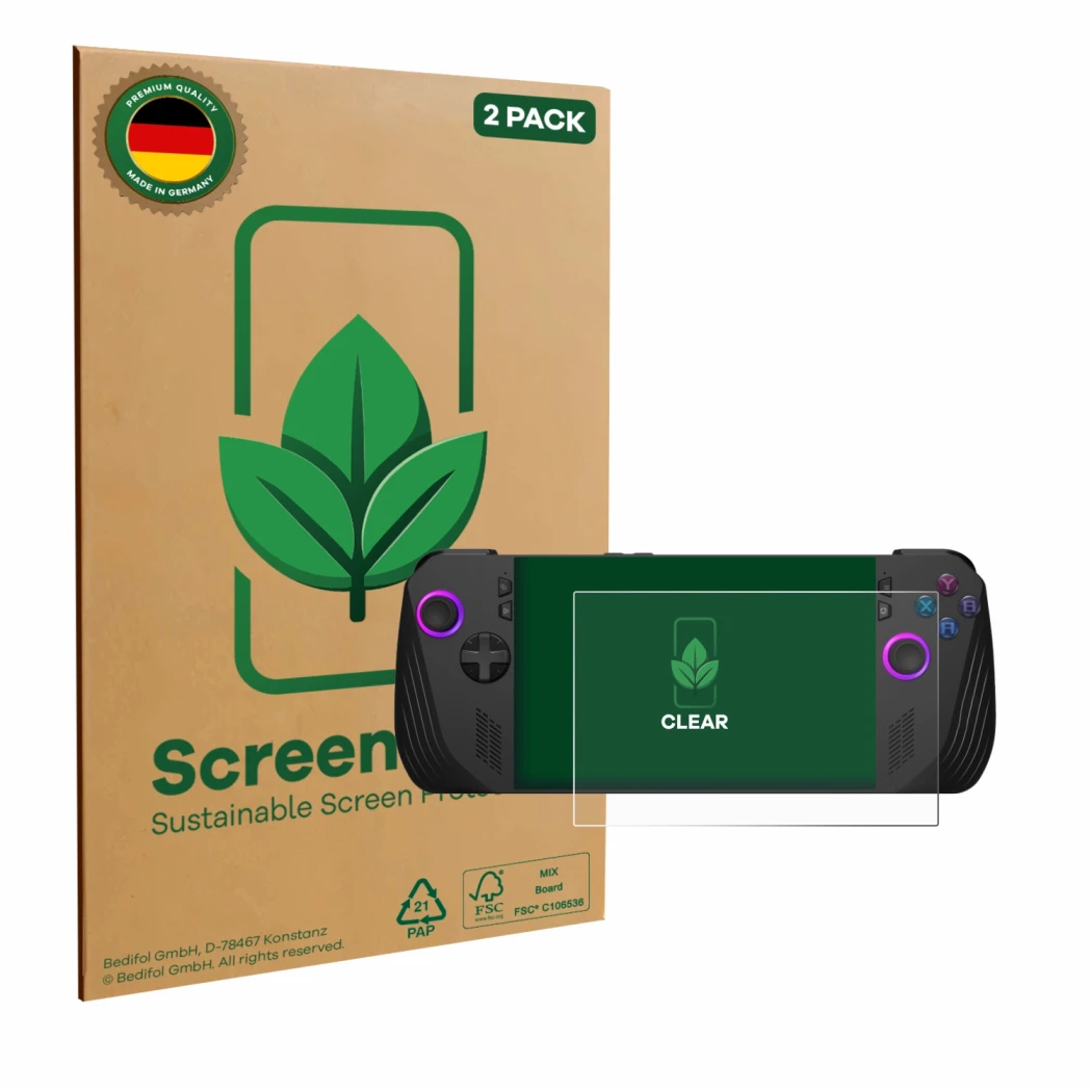 Parte frontale di una confezione del prodotto con il logo del marchio ScreenLeaf. Accanto è raffigurato il dispositivo ASUS RO