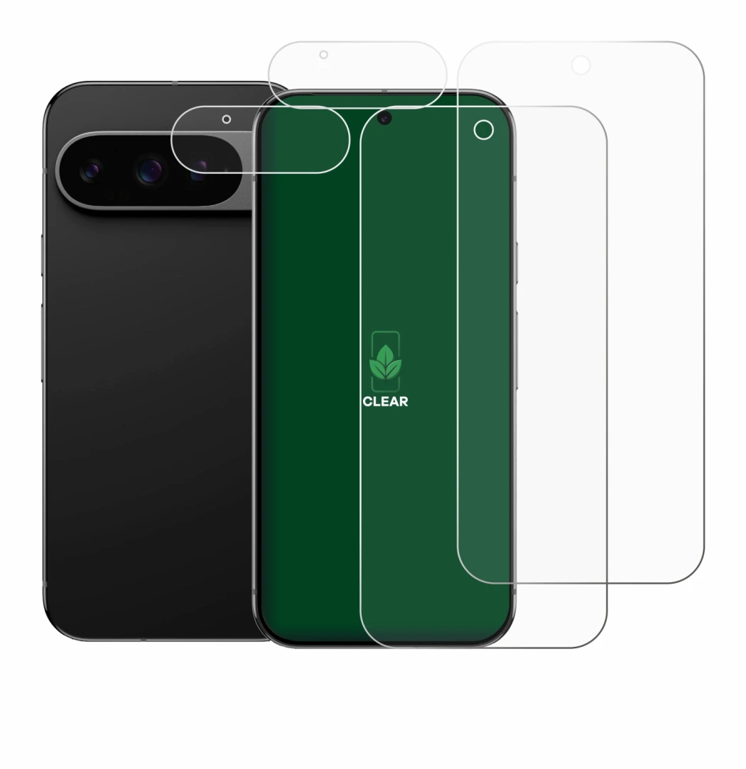 Immagine del dispositivo Google Pixel 9 Pro (Fronte+Fotocamera) con un'ampia varietà di protezioni per lo schermo.