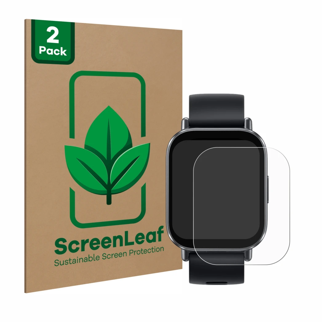 Parte frontale di una confezione del prodotto con il logo del marchio ScreenLeaf. Accanto è raffigurato il dispositivo Xiaomi 