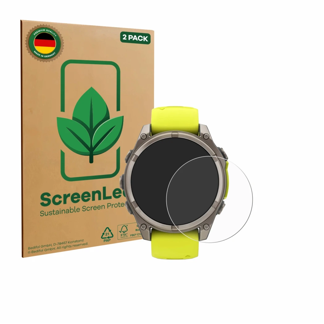 Parte frontale di una confezione del prodotto con il logo del marchio ScreenLeaf. Accanto è raffigurato il dispositivo Garmin 